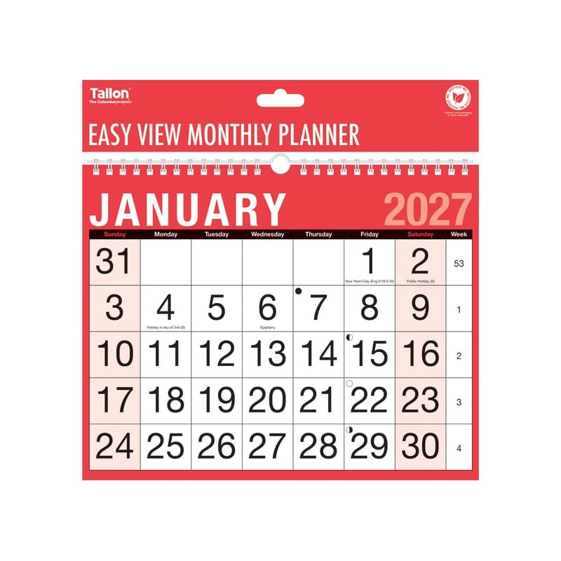 Calendar 2027 Month To View Red & Black