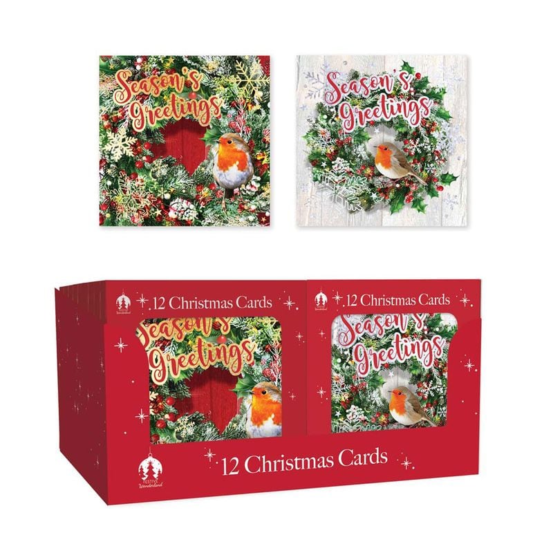 Xmas Cards Square Robin & Wreath Text