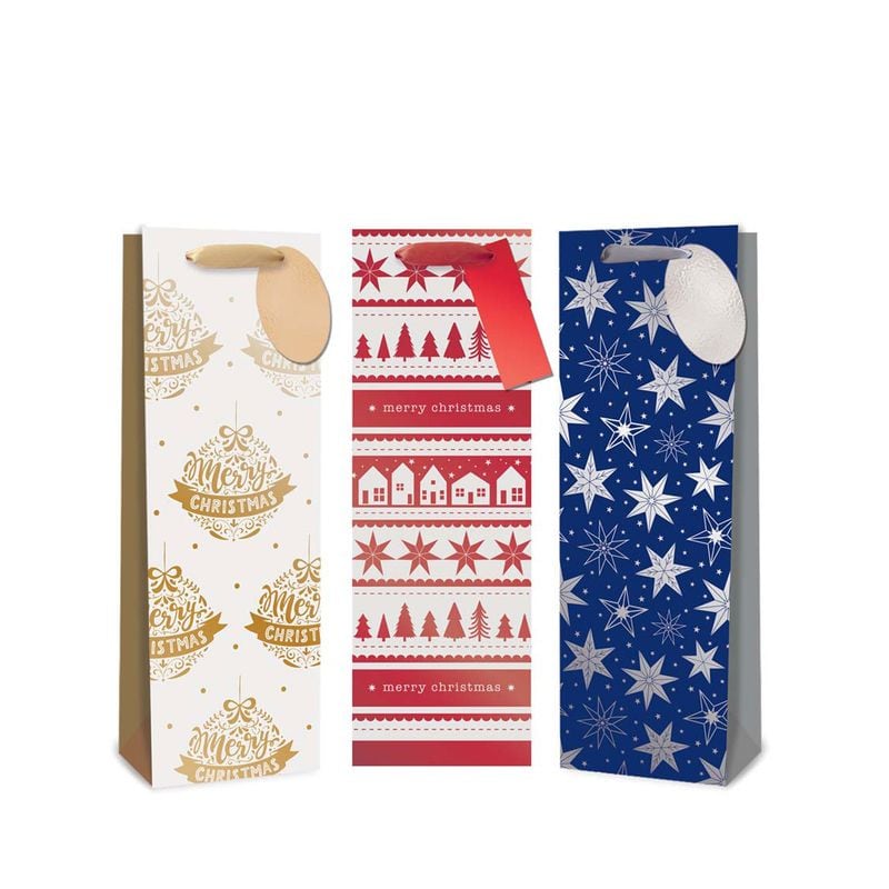 Xmas Gift Bag Bottle White Foil Assorted