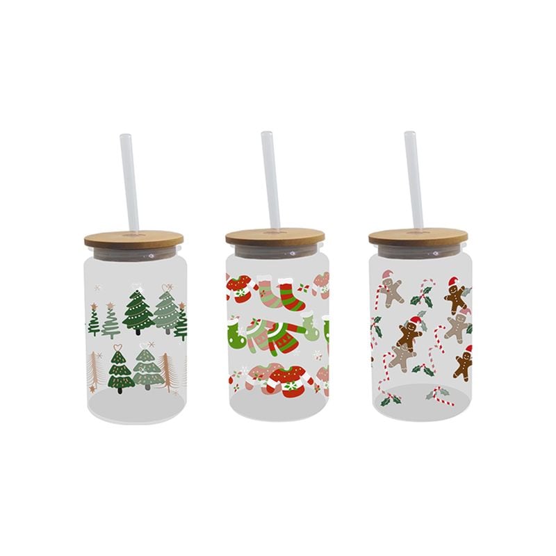Xmas Glass Drinking Cup & Straw