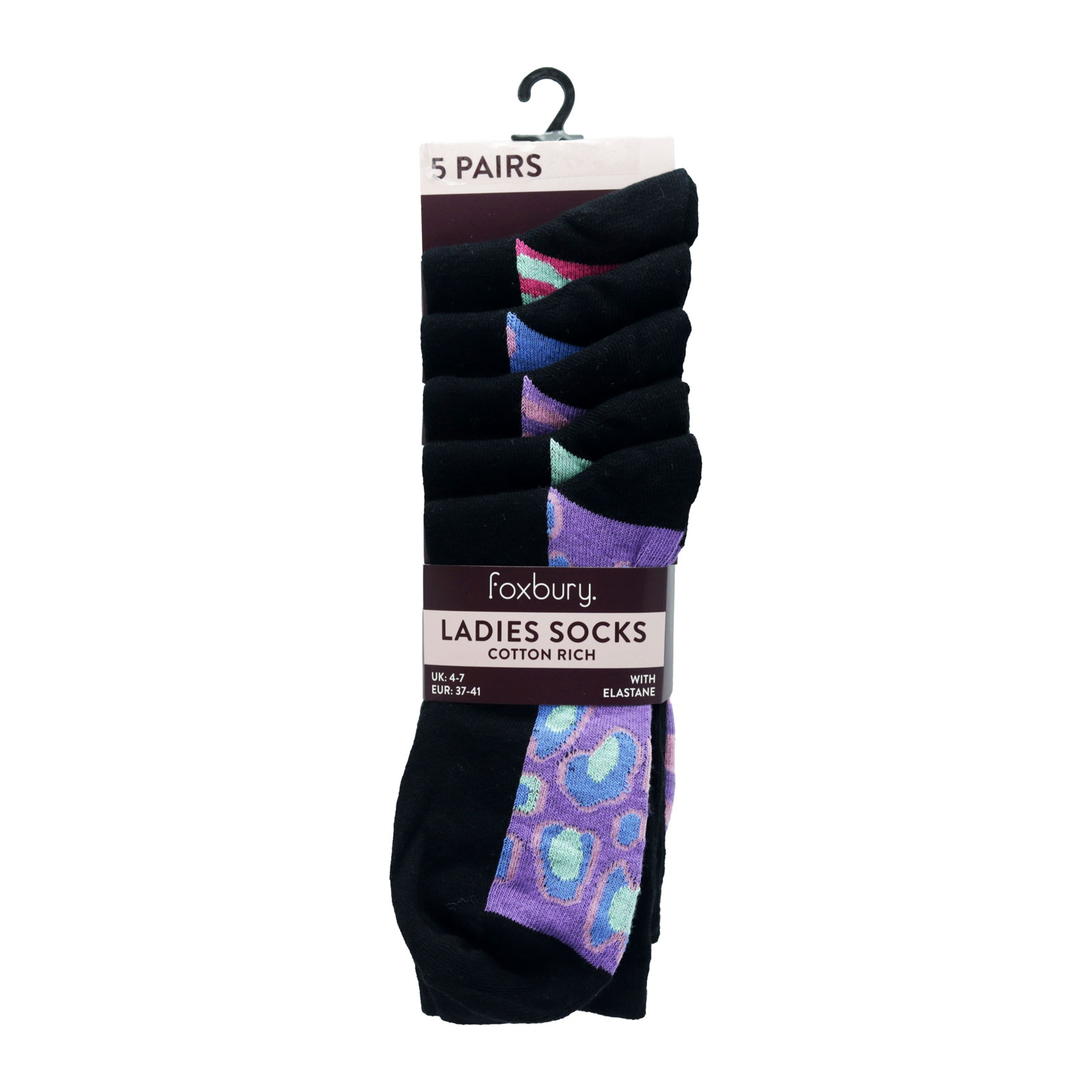 SOCKS LADIES 5PK BLACK CAMO FOOTBED (C)