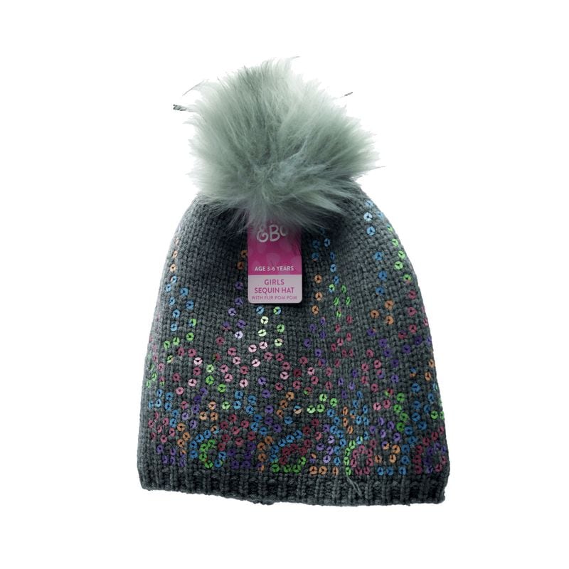 Hat Girls Sequin With Fur Bobble