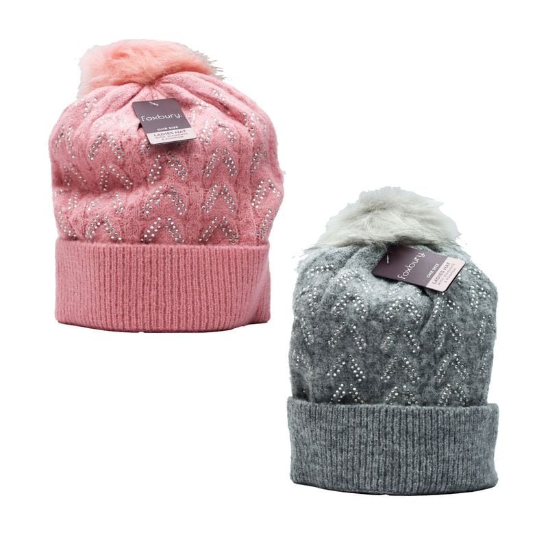 Hat Ladies Cable Knit Diamante & Pom Pom Assorted