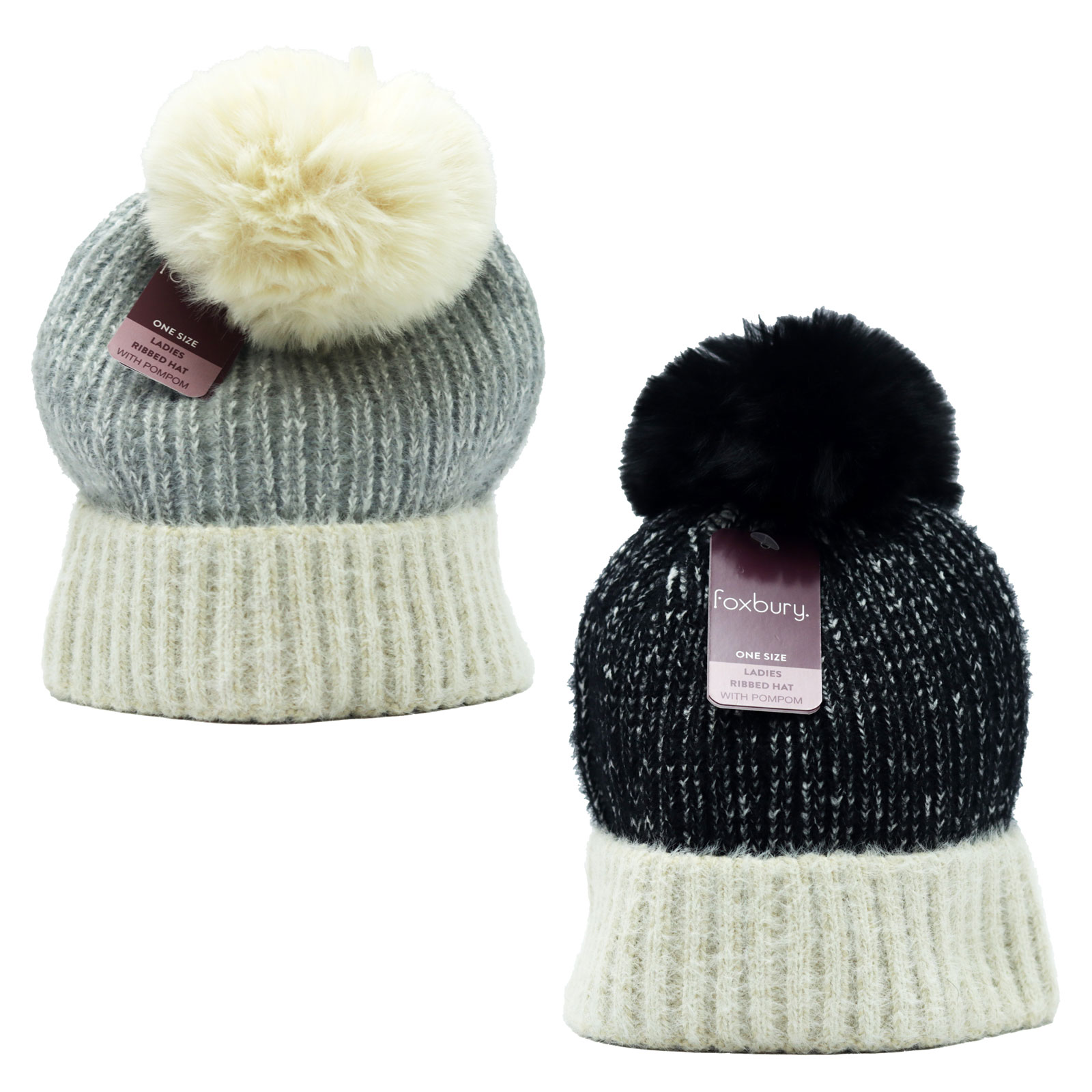 Hat Ladies Twist Yarn Brushed Ribbed With Pompom