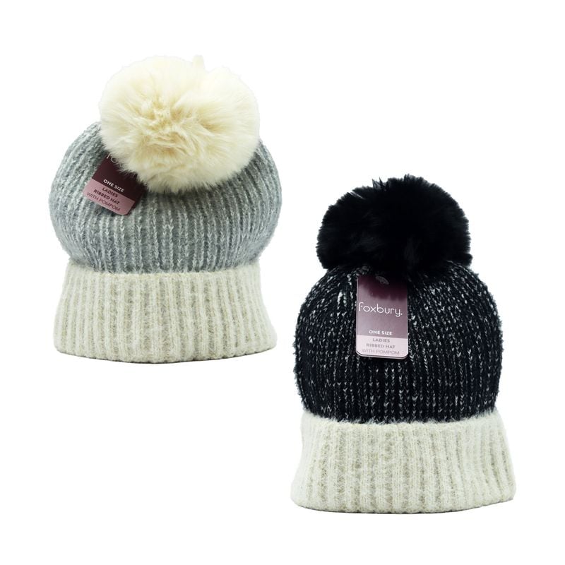 Hat Ladies Twist Yarn Brushed Ribbed With Pompom