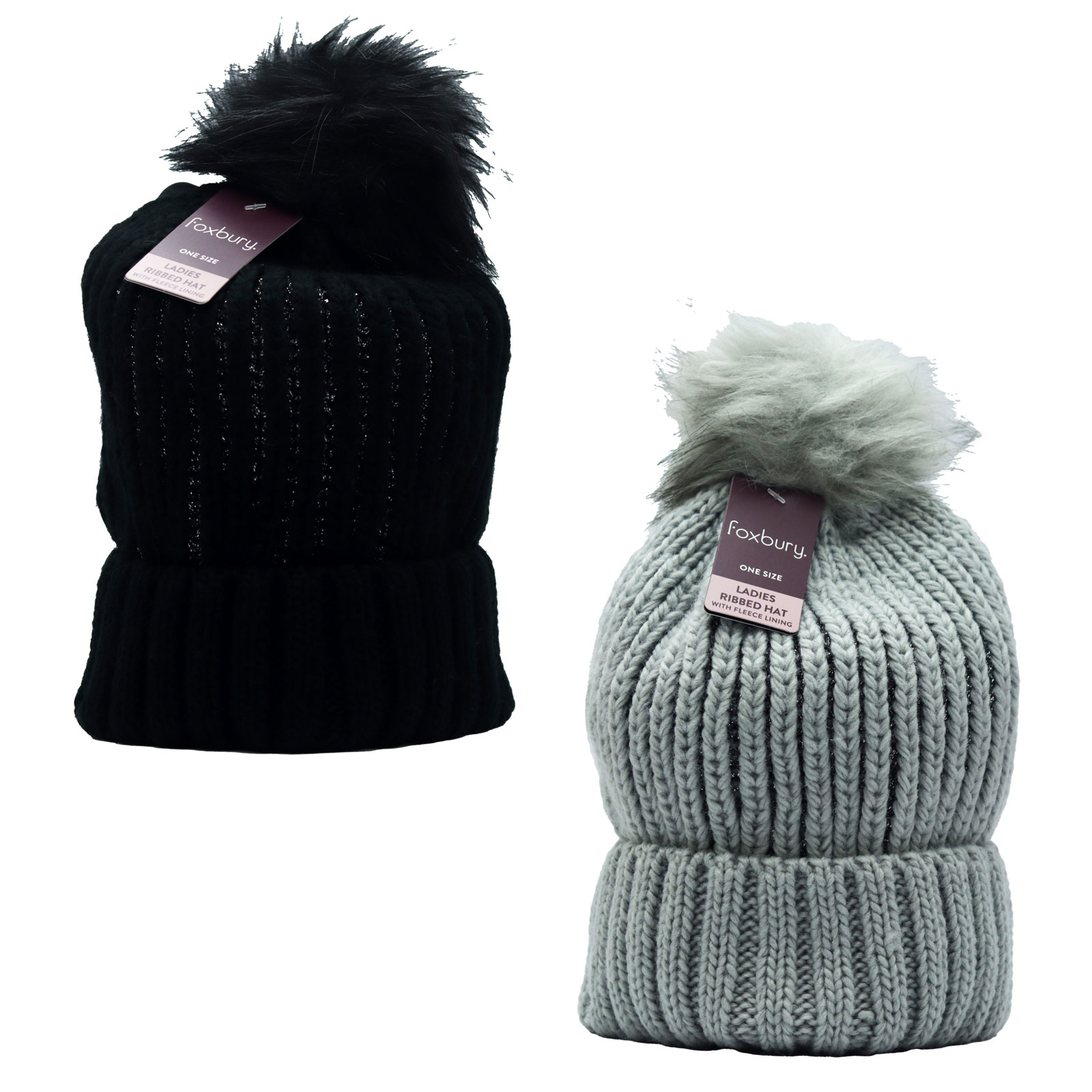 Hat Ladies Ribbed Lurex Fleece Lining With Pompom