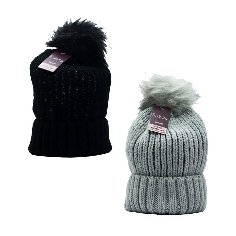 Hat Ladies Ribbed Lurex Fleece Lining With Pompom