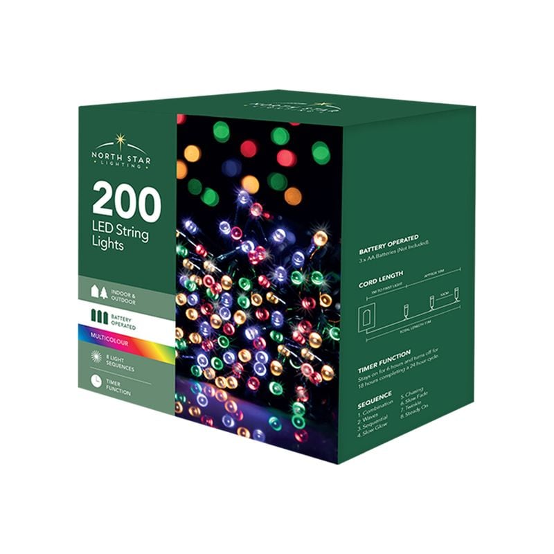 Xmas Lights Led Battery Op Timer Multi Colour 200B
